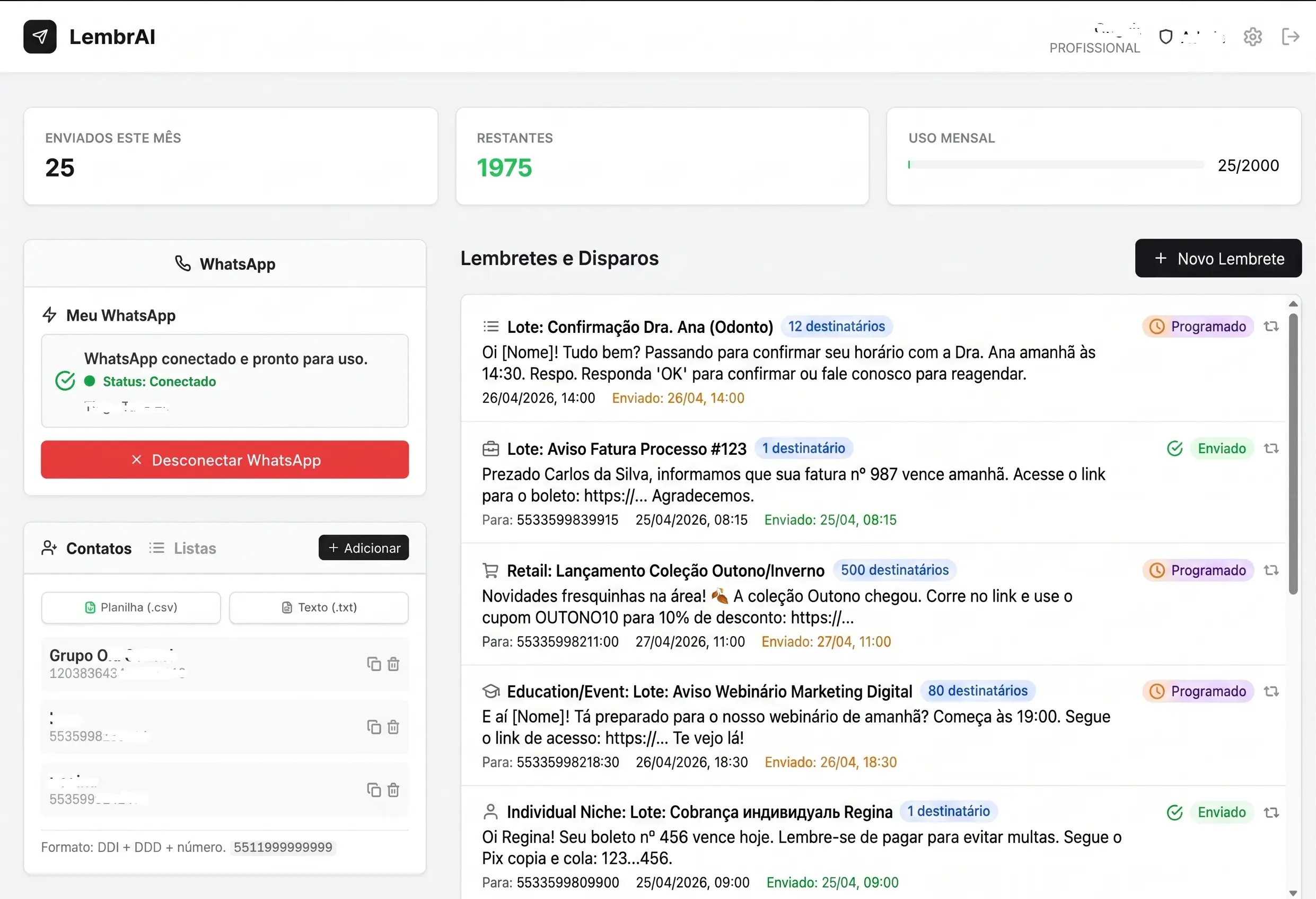 Sistema de automação de mensagens WhatsApp LembrAI — dashboard de agendamento e disparo automático de cobranças e lembretes